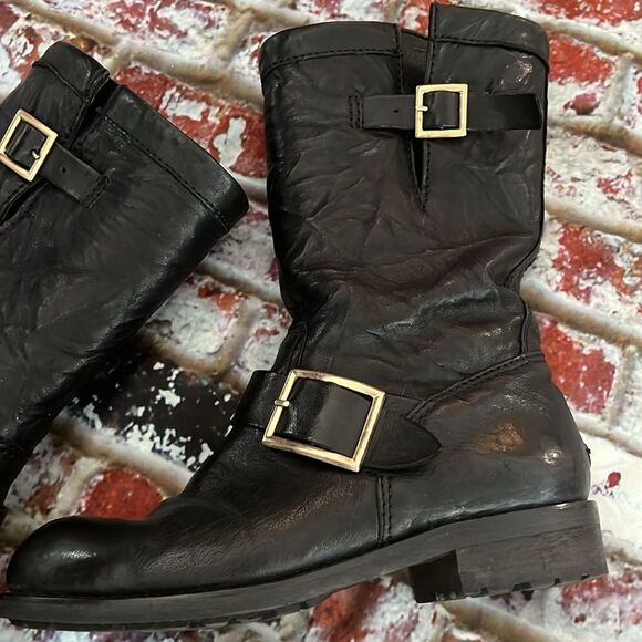 Jimmy Choo black leather Moto style boots with soft gold buckle made in Italy - Picture 3 of 6